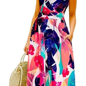 Women's Summer Spaghetti Strap V-Neck Floral Short Party Dress with Pockets